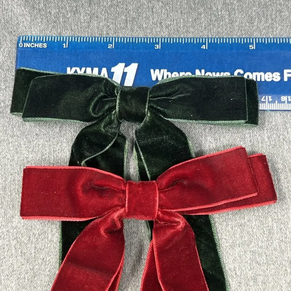 Two Velvet Hair Bows Long Ribbon Alligator Hair Clip Bundle Red Green Christmas